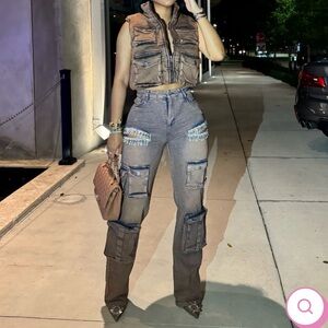 Stylish Cargo Pants Set with Crystal Details